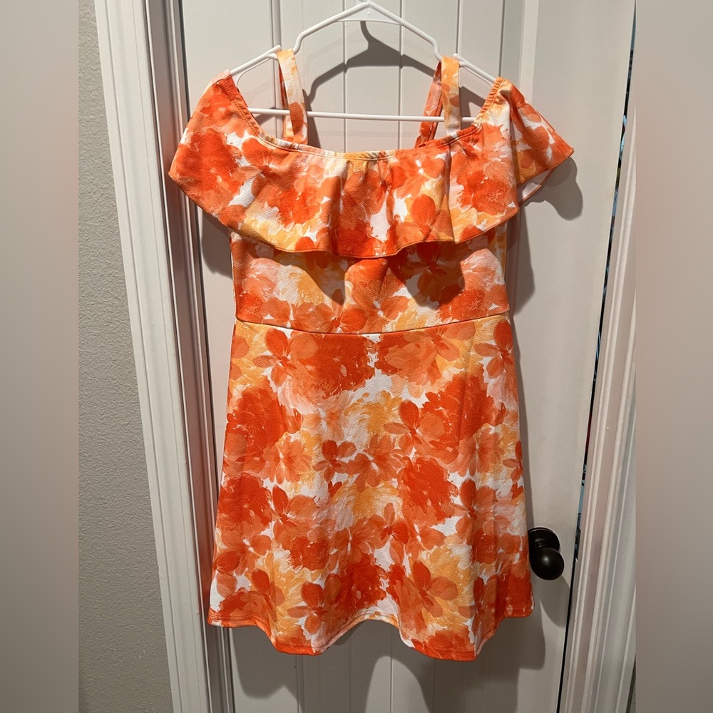 SHEIN sz large Orange and White Floral Mini cold shoulder ruffle Dress